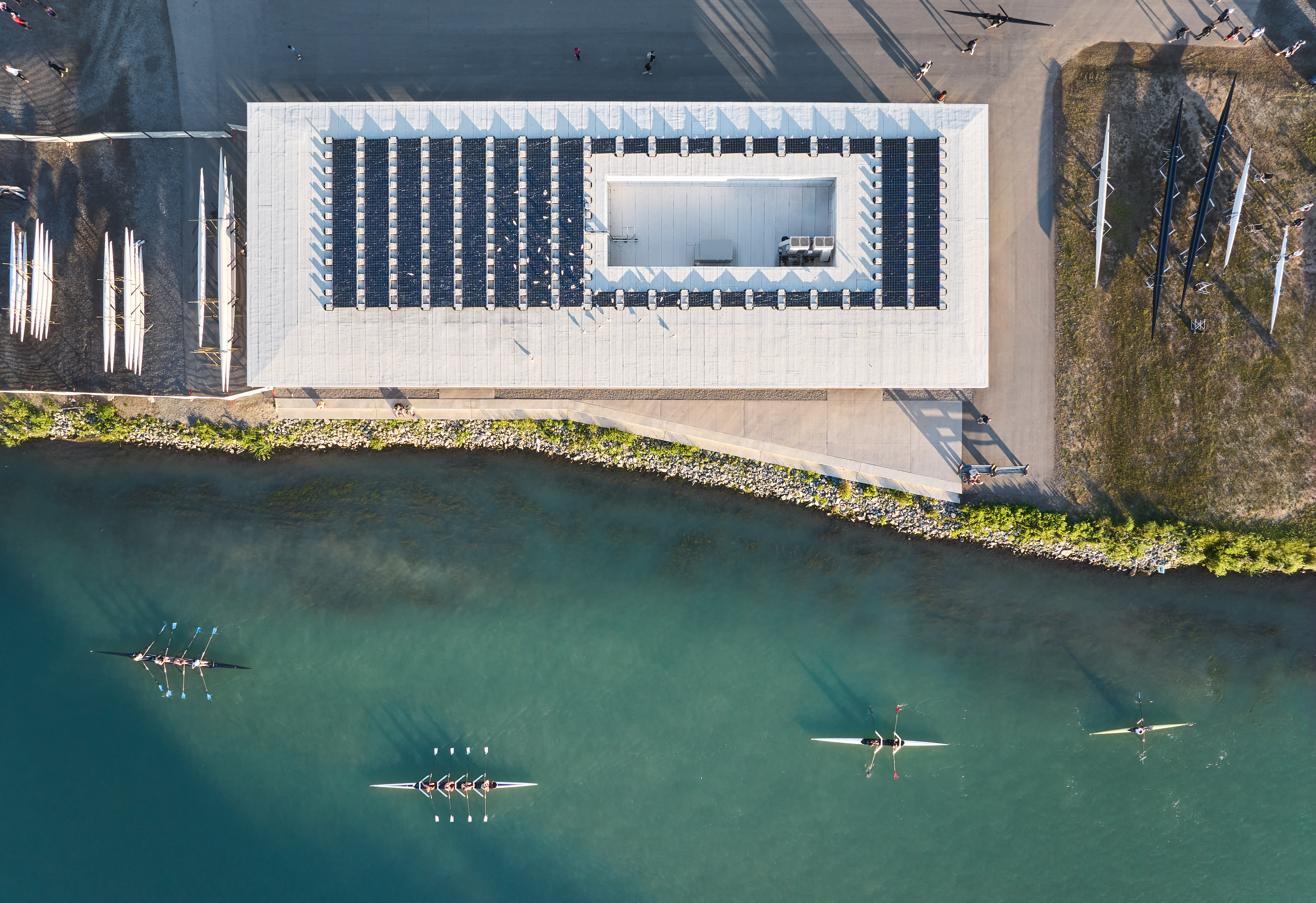 Aerial drone photography of Henley Island during a rowing event, centred around the Neil CampbellRowing Centre